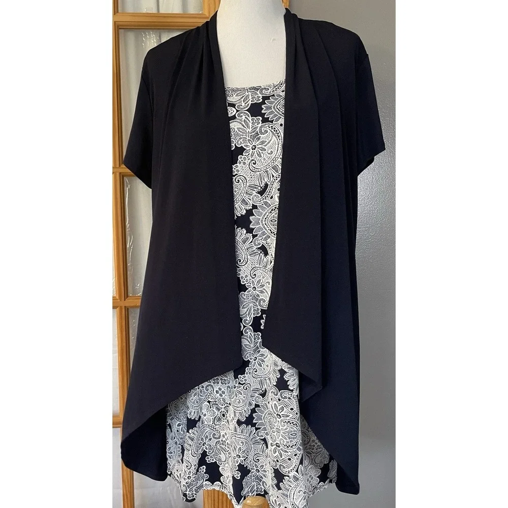 90s Enfocus Floral Embroidery Layered Dress Womans 18W 1-pc Navy White Lagenlook